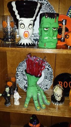 halloween decorations on shelves in a home