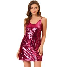 Allegra K Women's Glitter Sequin Spaghetti Strap V Neck Party Cocktail Sparkly Mini Dress Wine Red Small Sequin Spaghetti Strap Mini Dress For Holiday Party, Holiday Party Mini Dress With Sequins And Spaghetti Straps, Flirty Sequin Dress With Spaghetti Straps For Party Season, Holiday Party Mini Dress With Spaghetti Straps, Holiday Sequin Dress With Spaghetti Straps, Sequin Spaghetti Straps Dress For Club Party Season, Sequin Spaghetti Strap Dress For Party Season, Sleeveless Sequin Dress For Holiday Costume Party, Sleeveless Sequin Holiday Dress For Costume Party