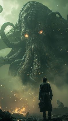 a man standing in front of an octopus with glowing eyes