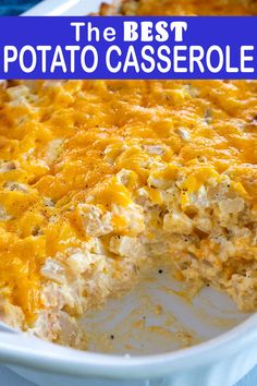 a casserole dish with cheese and chicken in it on a blue table cloth