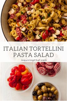 italian tortellini pasta salad with olives and peppers in bowls on a white table