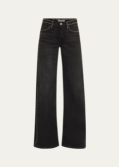 mid-rise jean studded detail near pockets, waist, and legs wide fit Concert Pants, Stud Jeans, Wardrobe Change, Designer Jeans For Women, Chase Atlantic, London Outfit, Jean Crafts, Studded Jeans, 2024 Style