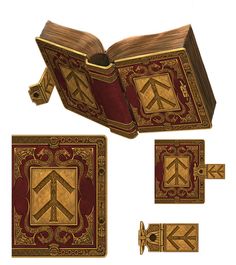 an open book with gold and red designs