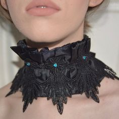 🦋Fashion black ruffle collar with lace and rhinestones embellish  🦋Hand sewn layers, adjustable with satin ribbons, for perfect fit  🦋One size fits all: 12" / 3 " It is perfect to wear with corset, evening or with party costume dress, also a perfect romantic gift.  Please note that due to lighting effects, monitor's brightness, contrast and other settings, there might be some slight differences in the color tone/shade of the website's photo and the actual item. Item photos are enlarged to sho Gothic Black Choker For Costume, Gothic Costume Choker Necklace, Black Gothic Choker For Evening Wear, Gothic Black Choker For Evening, Handmade Gothic Choker For Wedding, Elegant Costume Jewelry Choker, Gothic Choker For Party, Gothic Choker For Formal Occasions, Black Victorian Choker Necklace