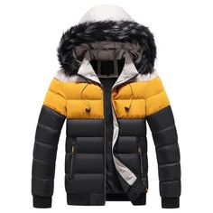 AMANI Design Men's Sports Fashion White Yellow Black Premium Quality Thick Parka Hooded Winter Coat Jacket Puffer Jacket Fur Hood, Overcoat Men, Waterproof Parka, Thermal Jacket, Fur Hood Jacket, Mens Puffer Jacket, Casual Outwear, Hooded Jacket Men, Fur Parka