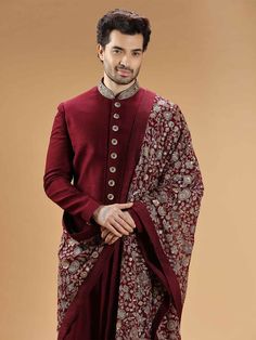 Men Maroon Silk Sherwani Latest custom made golden designer Men designer sherwani with kurta chudidar In UK . The latest heavy floral embroidered sherwani is best choice for reception wear . It is suited for Indian and Pakistani wedding wear . This custom made sherwani allows you to personalize it according to your preferences. Choose from a range of color options that complement your taste and wedding theme, ensuring you make a statement as you walk down the aisle. Our skilled craftsmen will ensure that every detail, from measurements to embellishments, is tailored to your exact specifications, making this sherwani a true reflection of your style and personality . Please note there can be slightly difference between the image and the product due to screen resolution and camera effects Groom Indian Wedding Outfits, Wedding Dressing, Wedding Kurta, Wedding Outfits For Groom, Mens Sherwani