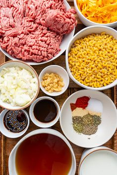 the ingredients are laid out in bowls to make this meat and vegetable dish, along with other foodstuffs