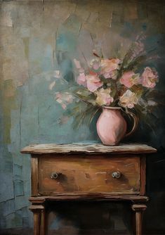 a painting of pink flowers in a vase on an old dresser