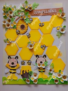 a card with bees and honeycombs on it