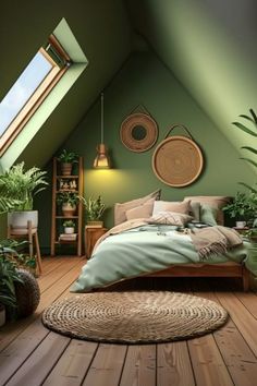 an attic bedroom with green walls and wooden flooring, potted plants on the wall