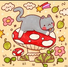 a drawing of a cat laying on top of a mushroom with flowers and stars in the background