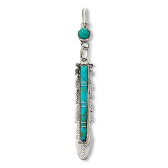 Chaco Canyon Sterling Silver Campitos Turquoise Feather Pendant Generations of Navajo artistry inspire the iconic feather motif that makes this handcrafted pendant a spirited tribute to Navajo design, and a distinctive find for your wardrobe.        Approx. 3-1/4"L x 5/16"W; chain not included     Stamped .925 sterling silver; polished, oxidized finish      Articulated, pull-through bail     Bezel settings; ribbed, feather-inspired texturing; handcrafted     Designed and Crafted in the USA   Sto Turquoise Bohemian Jewelry With Feathers, Bohemian Turquoise Jewelry With Feathers, Chaco Canyon, Southwest Jewelry, Color Bands, Feather Pendant, Jewelry Show, Jewelry Ideas, Handcrafted Jewelry