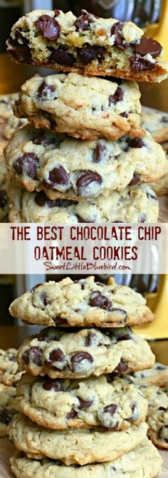 the best chocolate chip oatmeal cookies are stacked on top of each other