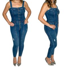 Denim Overalls Jumpsuit With Adjustable Straps. Has A Couple Distressed Features. Buttons All Open. Brand New, Never Worn. Minimal Stretch, Tag Says S, But Fits More Like An Xs. Jumpsuit Denim, Denim Overalls, Pant Jumpsuit, Overalls, Jumpsuit Romper, Pants For Women, Jumpsuit, Brand New, Pants