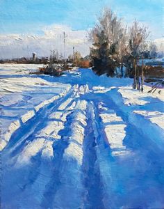 a painting of a snowy road with trees in the distance and snow on the ground