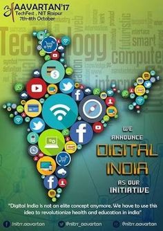 an advertisement for digital india in the form of a map with social icons on it