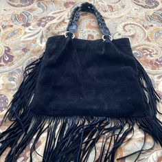 Used Once Snap Closure. One Zipper Inside Pocket. No Wear No Stains. Brand New Black Fringe Bag For Shopping, Black Fringe Shoulder Bag For Shopping, Chic Black Bag With Fringe, Chic Black Fringe Bag, Black Fringe Shoulder Bag For Daily Use, Black Hobo Bag With Fringe For Daily Use, Black Fringe Hobo Bag For Daily Use, Black Fringe Hobo Bag For Everyday, Prada Nylon Crossbody Bag