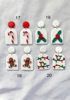 six christmas themed earrings with candy canes and gingerbread man on them, all decorated in different colors