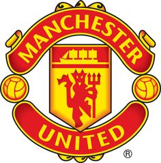 the manchester united crest is shown in red and yellow, with an emblem above it