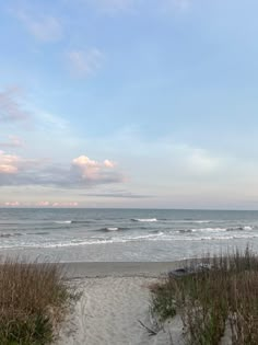 an empty beach with waves coming in to the shore and grass growing on the sand