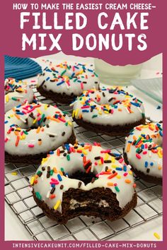 the cover of how to make the fastest cream cheese - filled cake mix donuts