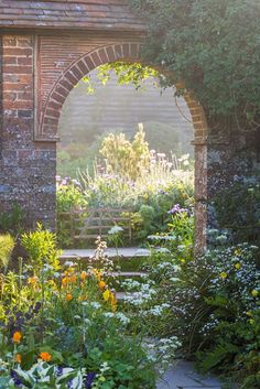 an arch in the middle of a garden filled with flowers