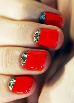 Red nails // half-moon glitter CLICK.TO.SEE.MORE.eldressico.com Moon Manicure, Red Nail Designs, Nails Manicure, Nailed It, Manicure Y Pedicure, Nail Art Inspiration