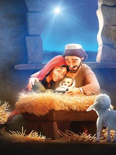 a nativity scene with a man and woman looking at a baby jesus in the manger