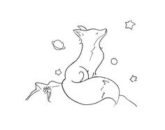 a drawing of a fox sitting on the ground with stars in the sky behind it