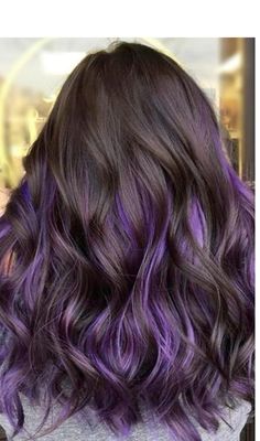 Hair Colors Purple, Wavy Purple Hair, Purple Underneath Hair, Dark Purple Highlights, Purple Highlights Brown Hair, Hair Color Grey, Matrix Hair Color, Dark Purple Hair Color, Milk Hair