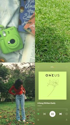 a woman standing on top of a lush green field next to a book with an image of a camera