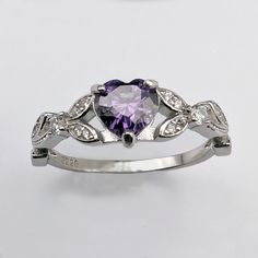 white gold amethyst engagement ring,  heart shaped ring, bridal jewelry jewelry Elegant Silver Amethyst Ring For Valentine's Day, Purple Heart Cut Cubic Zirconia Jewelry, Silver Sterling Silver Amethyst Ring For Valentine's Day, Elegant Silver Heart Cut Amethyst Ring, Elegant Silver Amethyst Heart Cut Ring, Silver Amethyst Ring For Valentine's Day Gift, Purple Heart Ring With Accent Stones For Anniversary, Valentine's Day Silver Amethyst Ring In Sterling Silver, Amethyst Heart Ring For Valentine's Day