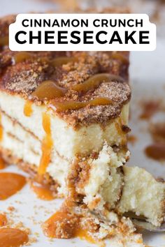 Cinnamon Crunch Cheesecake is packed with the decadent flavors of a cinn-a-bun! Topped with a crunchy cinnamon crumb and a drizzle of caramel, this easy cheesecake recipe delivers crowd pleasing results! It's a wonderful summer dessert! Cinnamon Crunch Cheesecake, French Toast Cheesecake, Cinnamon Toast Cheesecake, Cinnamon Cheesecake Recipe, Honey Bun Cheesecake Recipe, Cinnamon Toast Crunch Cheesecake Recipe, Cinnamon Honey Bun Cheesecake, Cinnamon Cheesecake Recipes, Dessert Cake Ideas