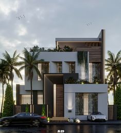 two cars are parked in front of a modern house with palm trees on both sides