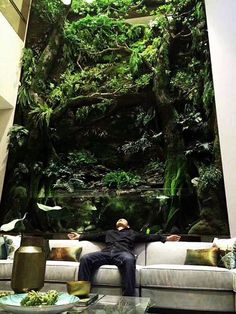 a man sitting on top of a couch in front of a forest mural