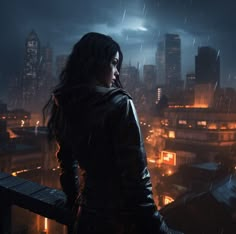 a woman standing on top of a roof looking at the city in the distance with rain coming down