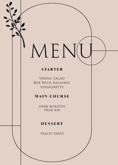 the menu for a restaurant is shown in black and white, with an elegant design