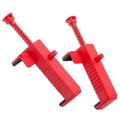 two red plastic screws are shown on a white background and one is open to show the