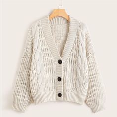 Autumn Winter Women Short Knitted Sweater Cardigan OUT0785 Chunky Cable Knit Cardigan, Shoulder Cardigan, Drop Shoulder Cardigan, Knit Sweater Coat, Street Jeans, Chunky Cardigan, Long Sleeve Knit Sweaters, Cable Knit Cardigan, Knitting Women Sweater