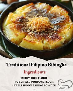 an advertisement for traditional filipino bibimbaa ingredients in a black cast iron skillet