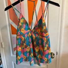 Brand New, Never Worn Out Only Tried On Once, Bright Colors, Not Cropped. Fun Sleeveless Tops For Spring, Fun Sleeveless Spring Tops, Floral Print Summer Tops For Night Out, Fun Sleeveless Tops For Day Out, Chic Multicolor Tops For Party, Trendy Floral Print Top For Party, Trendy Floral Print Party Top, Colorful Fitted Vacation Tops, Colorful Fitted Tops For Vacation