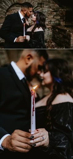 a man and woman kissing while holding a candle