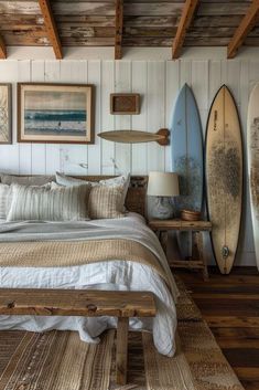 a bedroom with surfboards mounted to the wall