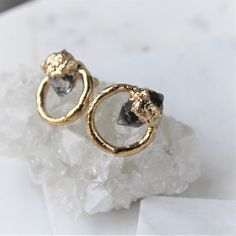 "Herkimer diamonds dipped in gold. These earrings measure 1/2\" Nature is a strong force flowing through our jewelry. We let the raw gemstones do the talking. Each unique stone determines the shape and style each design will take on. In return, we achieve an organic and luxe feel. All of our jewelry is one of a kind. ::The process of gold dipping:: Handpicked stones are arranged and set in copper. A generous layer of 18k gold is then applied. ♥ Thank you for shopping Cocolina ♥" Gold Electroformed Drop Earrings, Luxury Gold Electroformed Drop Earrings, Unique Gold Crystal Earrings As Gift, Electroformed Small Hoop Jewelry Gift, Raw Crystal Earrings, Herkimer Diamond Earrings, Hoops Gold, Herkimer Diamond, Raw Gemstones