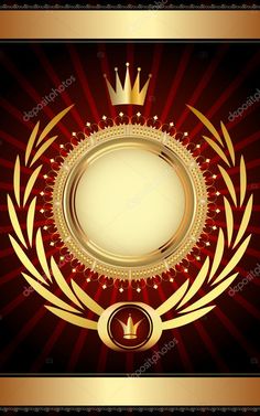 a gold and red background with a crown