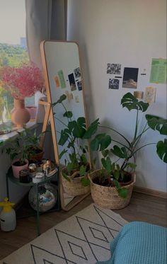 a mirror sitting on top of a wooden floor next to potted plants in front of a window