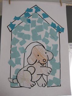 a child's drawing of a dog sitting in front of a house made out of torn up pieces of paper