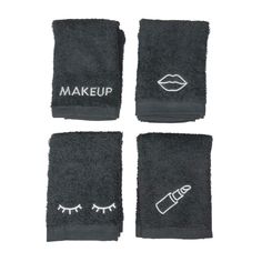 "These custom embroidered beautiful towels are designed to keep makeup stains off your clean white towels.  -Set of 4 -100% ringspun cotton  -12\" x 12\"" Makeup Towels, Makeup Washcloth, Chanel Towel Set, Makeup Towel, Dark Grey Towels, Turkish Bath Towels Black, Makeup Stain, White Towels, Makeup Tools Brushes