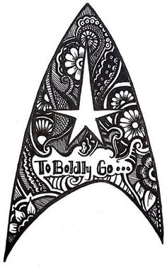 a star trek insignia with the words to boldly go written in black and white