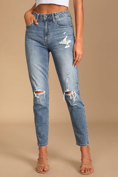 Medium Wash Denim Jeans - Mom Jeans - Ripped Denim Jeans - Lulus Black Lace Bodysuit, High Waisted Mom Jeans, 60 Fashion, Stretchy Jeans, June 2024, Spring Trends, Clothes Ideas, Slim Pants, Lace Bodysuit